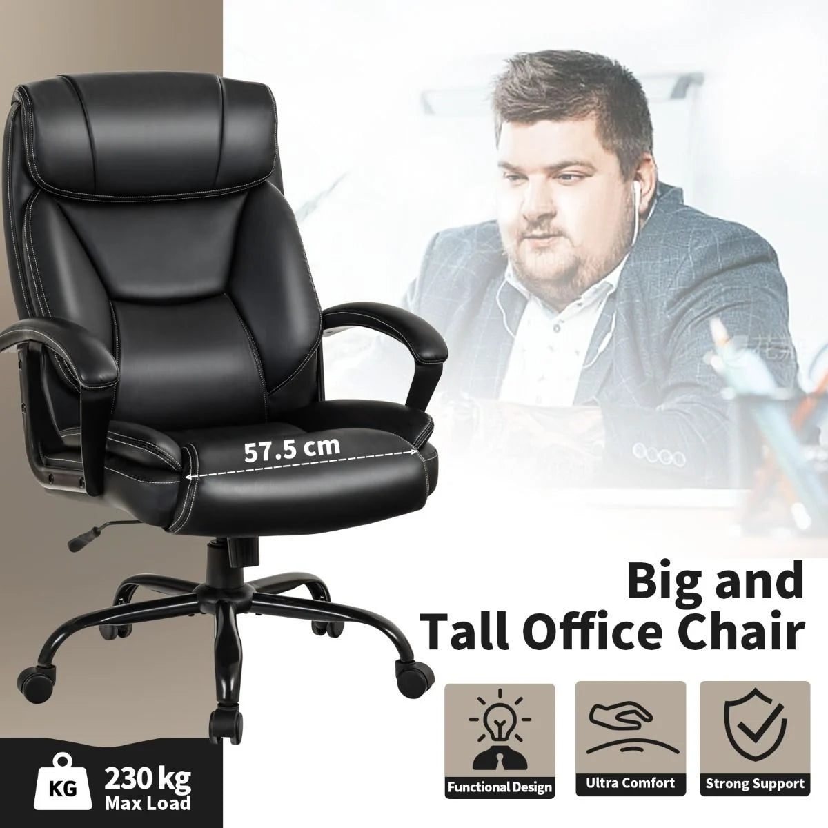 Height Adjustable Executive Leather Office Chair with Rocking Backrest