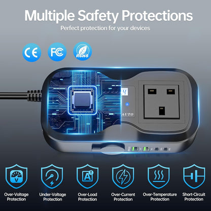 7 in 1 Multi Car Power Inverter 200W 12V to 240V Voltage Converter with LED Voltmeter, 4-Port PD/QC3.0 USB Charge, 3-Pin Sockets and Cigarette Lighter Splitter, USB C Car Charger for Laptop