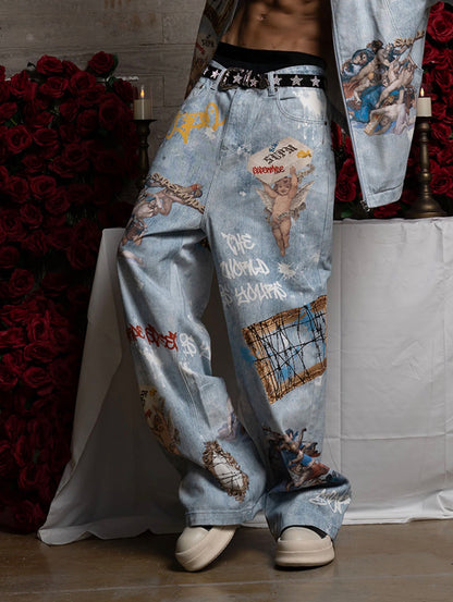 RETRO ARTISTIC GRAFFITI ANGELIC PRINTS BAGGY JEANS