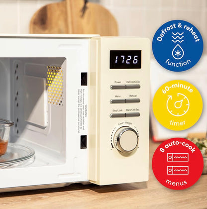 Russell Hobbs Digital Microwave 20L 800W in Cream with 5 Power Levels, Pull Handle Door & Button Control, Clock & Timer, Automatic Defrost, Easy Clean, 8 Auto Cook Menus RHMD818C