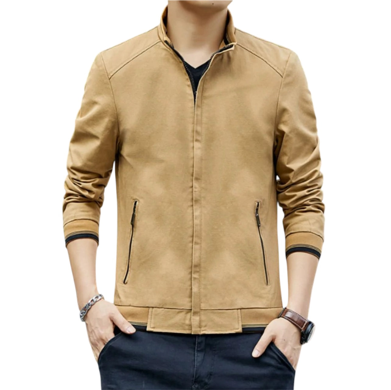 Mens Stand Collar Zipped Up Jacket