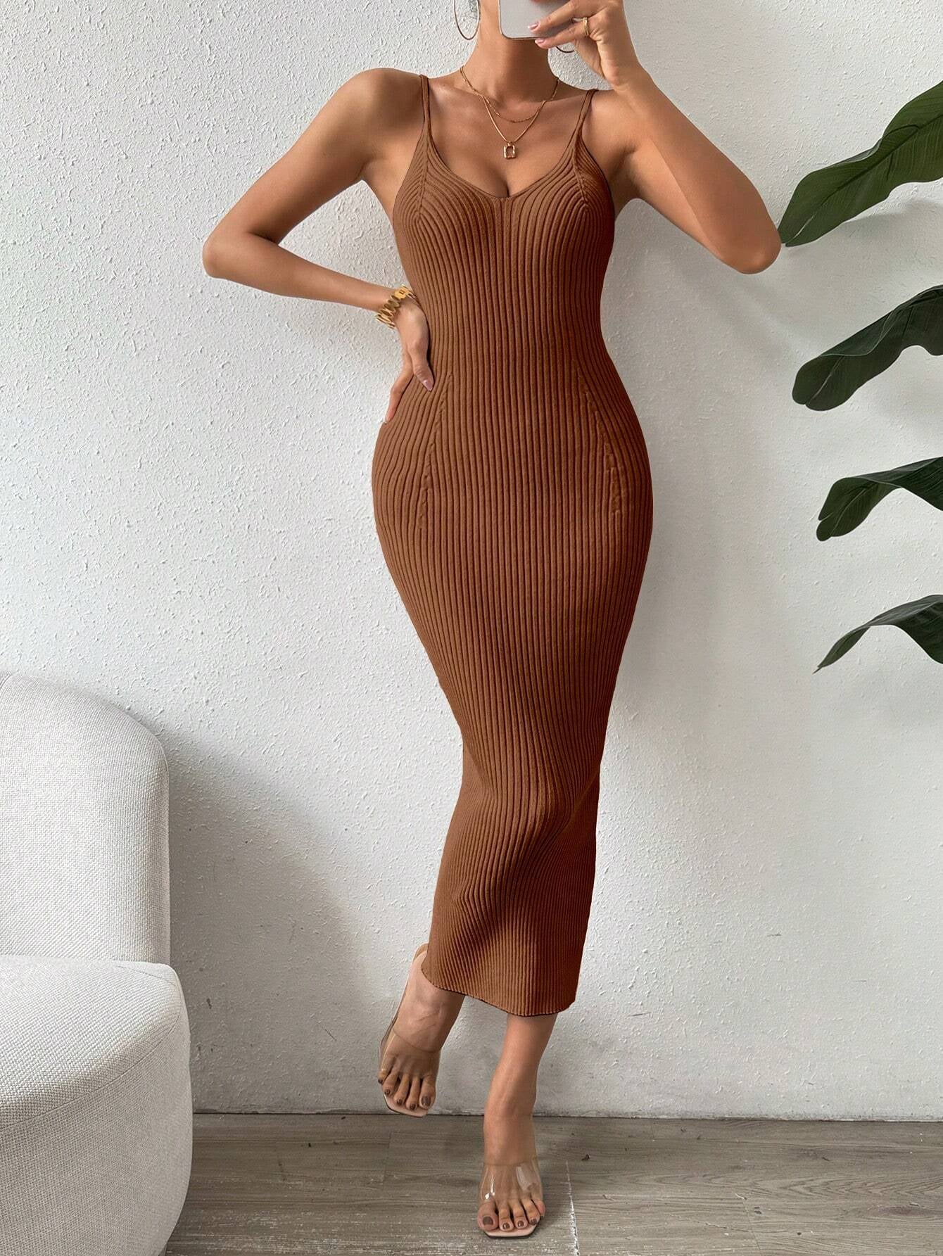 Raffinée Women's Elegant Solid Color Slim Fit Sleeveless Knit Sweater Dress