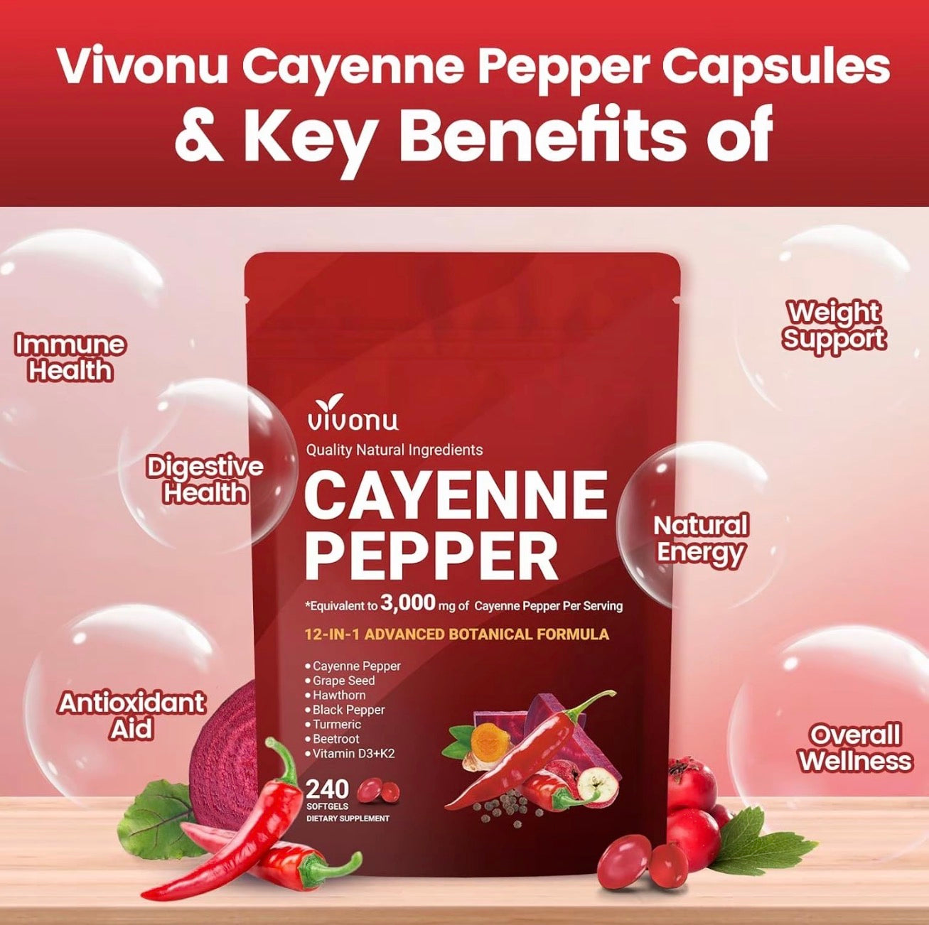 VivoNu Cayenne Pepper Softgels 240 Count Vitamin D3 K2 E Supplement