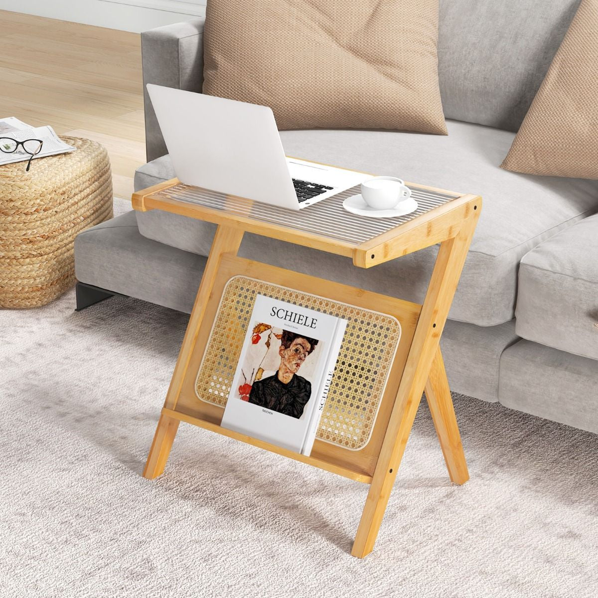 Stylish Bamboo Bedside Table with Elegant Tempered Glass Top