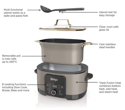 Foodi PossibleCooker, 8-in-1 Slow Cooker with Removable Non-Stick Pot, Steaming Rack, Integrated Spoon & Glass Lid, Slow Cook, Sear, Braise, Steam & more, 8L, Stone Gold, MC1001UKSTGD