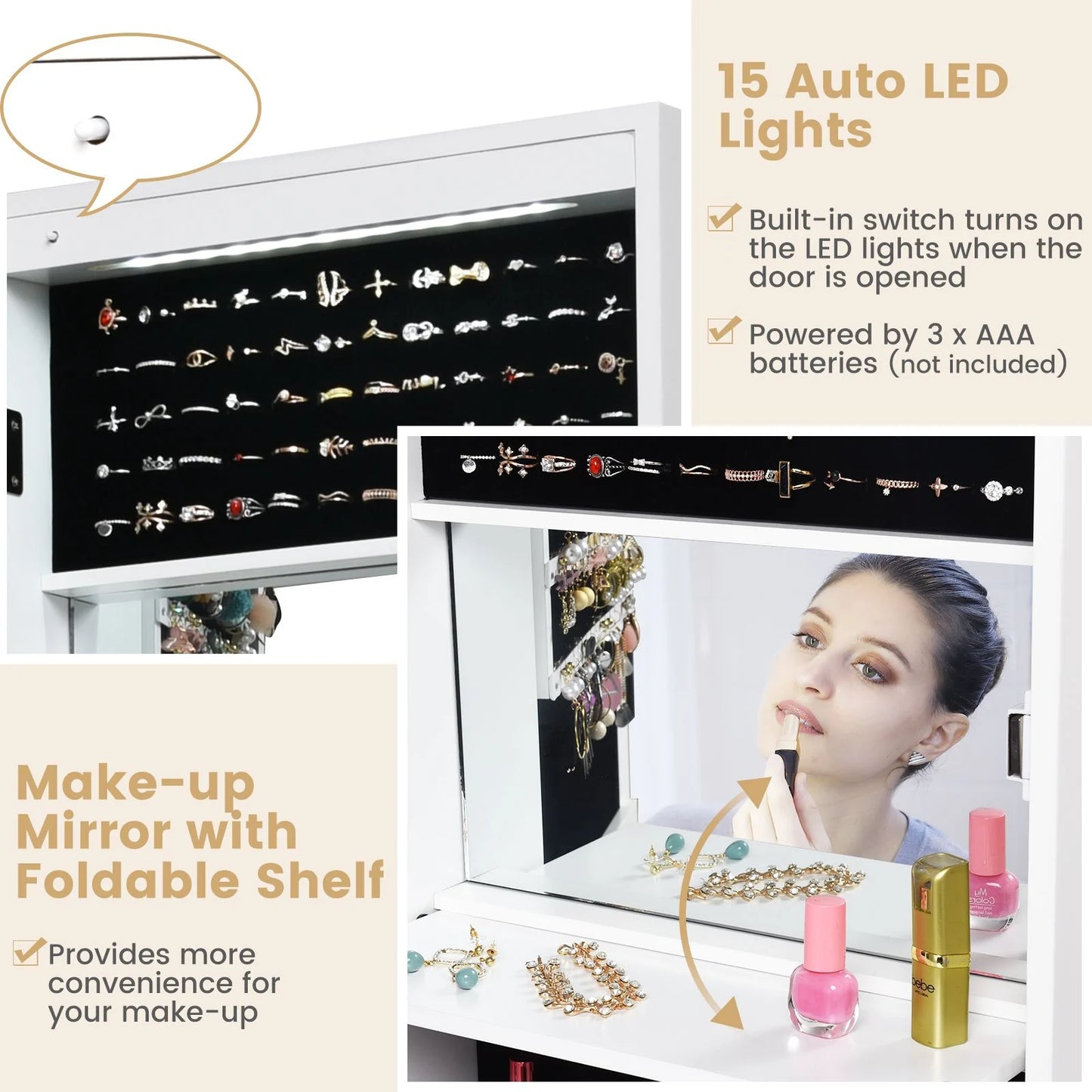 Elegant 120 cm Lockable Jewelry Cabinet Mirror with 15 LED Lights for Secure and Stylish Organization