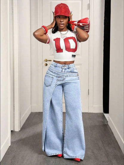 Women’s Casual Loose Fit Denim Long Pants Asymmetrical Design
