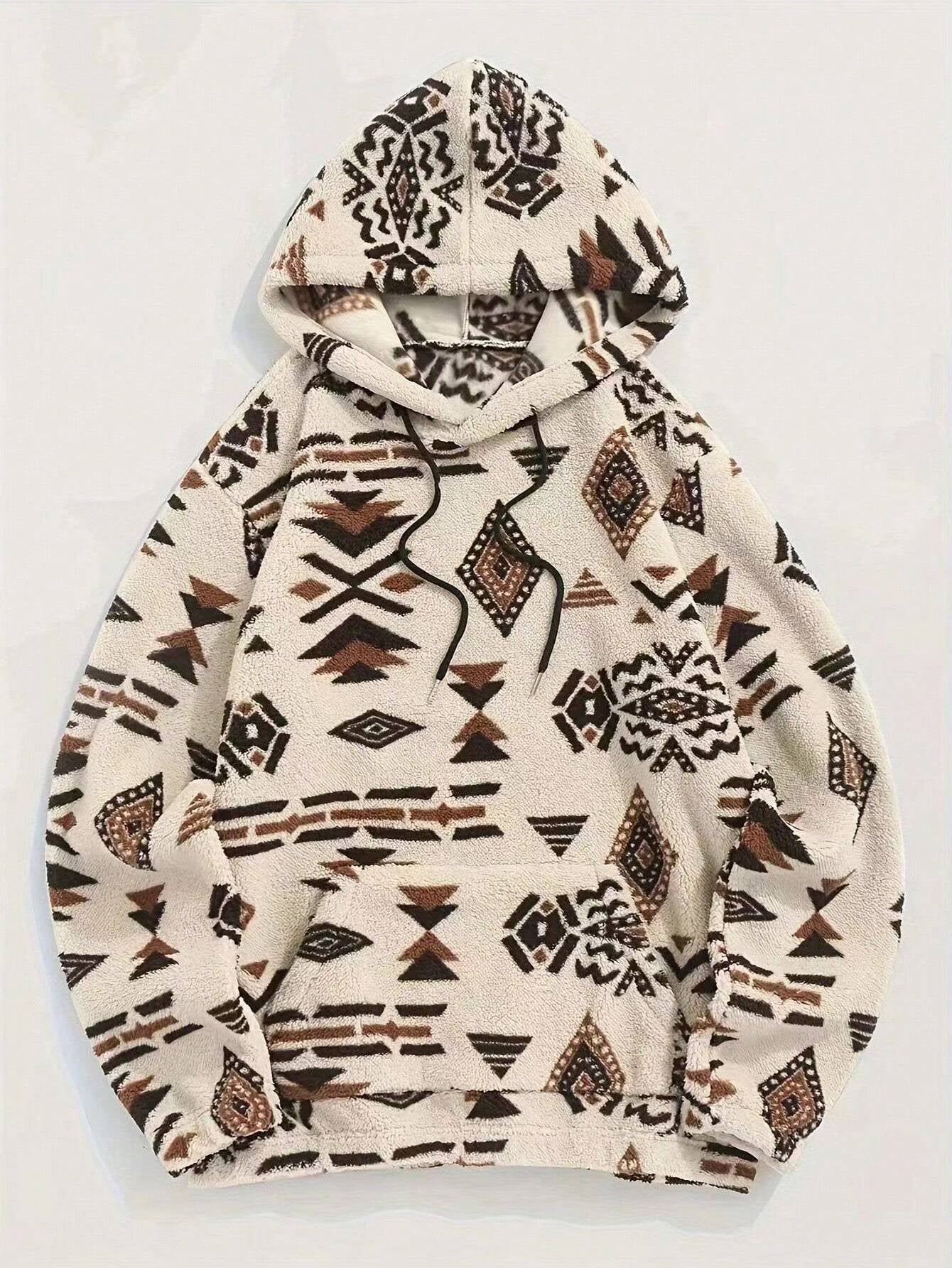 Men'S Totem Print Hooded Sherpa Fleece Sweatshirt