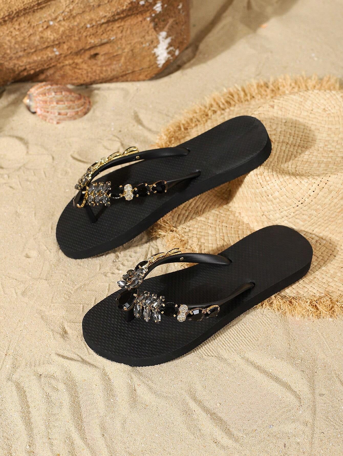 Fashionable Flip Flops for Women, Gemstone Decor Slippers