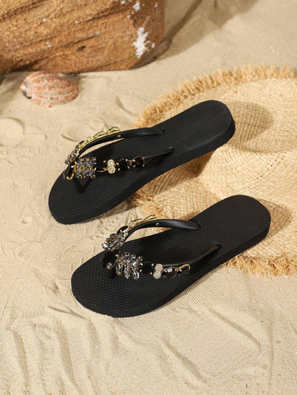 Fashionable Flip Flops for Women, Gemstone Decor Slippers