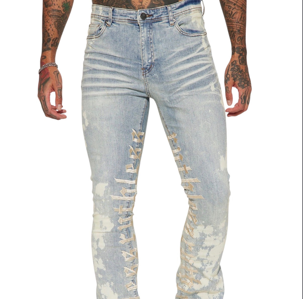 Ruthless Embroidered Stacked Skinny Flare Jeans Bleach Blue Wash