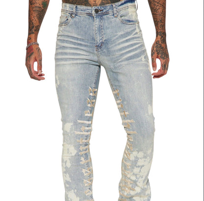 Ruthless Embroidered Stacked Skinny Flare Jeans Bleach Blue Wash