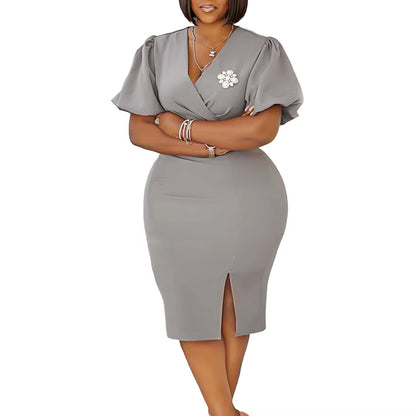 Guest Wedding Party Dress V Neck Short Lantern Sleeve Waist Belt Brooch Slit Solid Elegant Bodycon Sexy Feminine African Gowns
