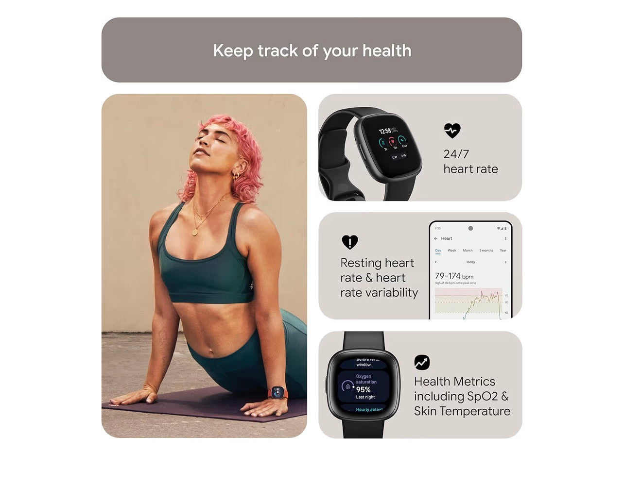 Fitbit Google Versa 4 Fitness Smartwatch Black Graphite 6 Day Battery