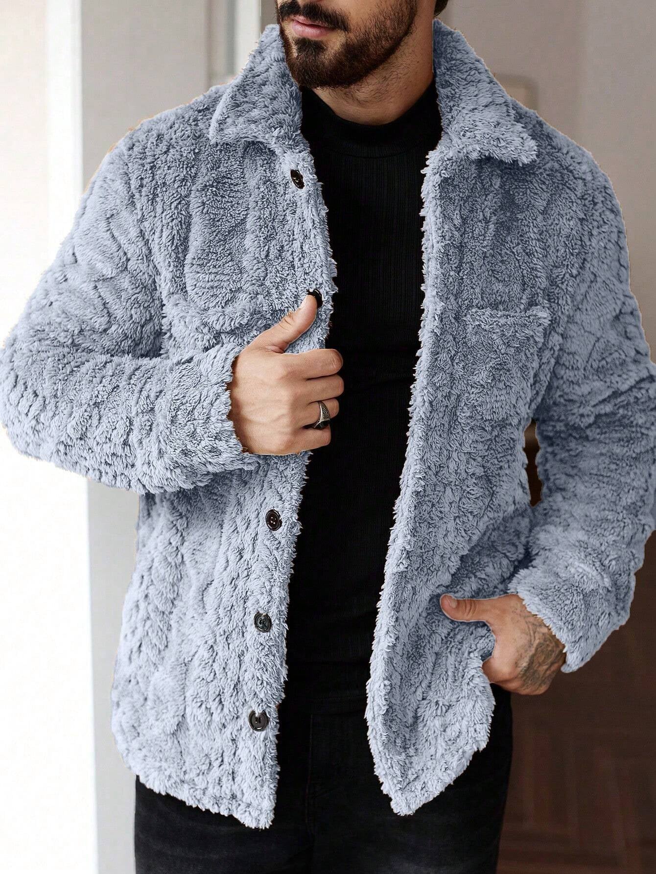 Manfinity Homme Men'S Casual Solid Color Fuzzy Jacket for Autumn/Winter ,Men Flannel,Winter Men Jacket, Going Out Warm Long Sleeve Jacket, for Friends, Husband, Boyfriend Gifts
