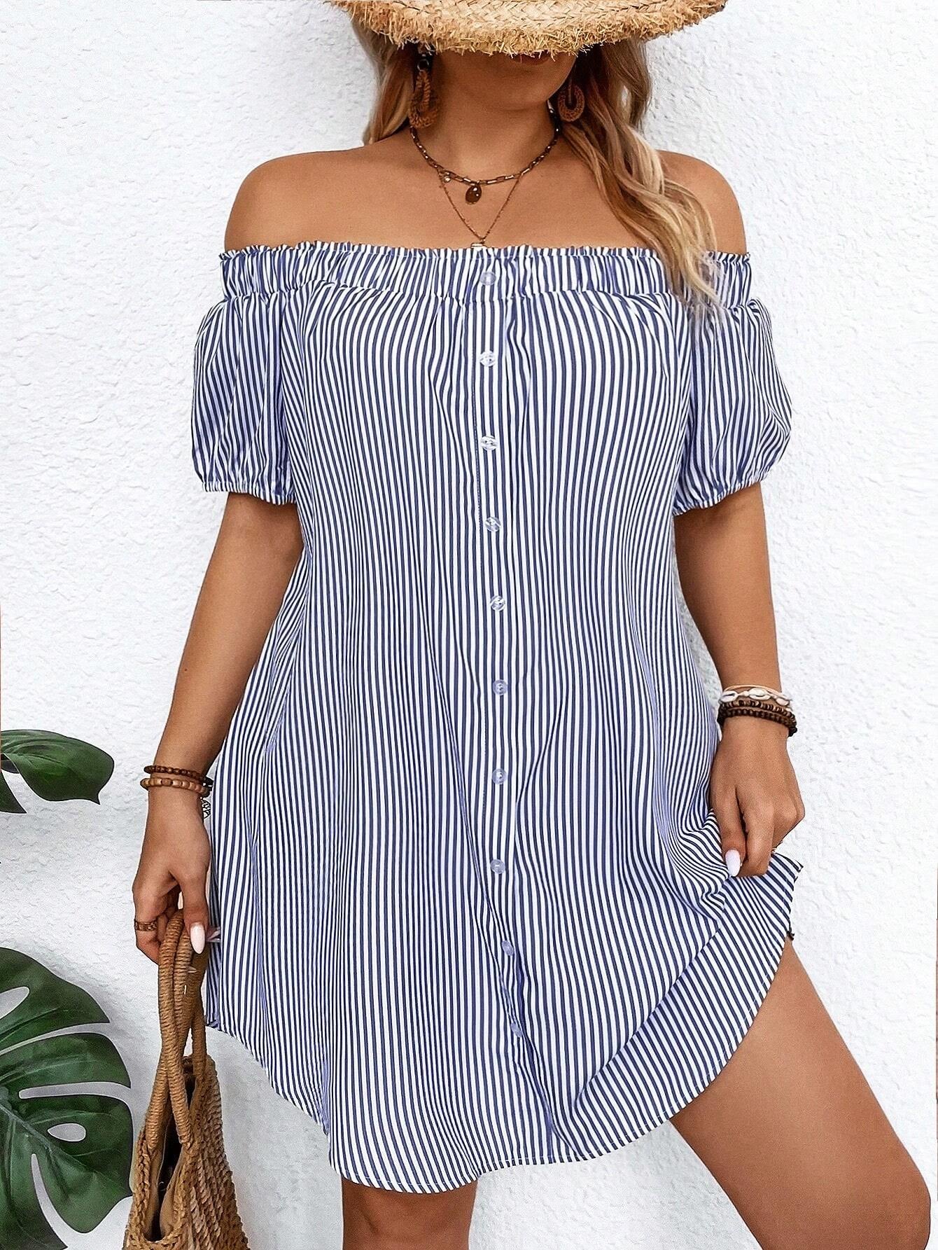 LUNE plus Size Holiday Casual Striped off Shoulder Dress, for Summer