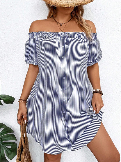 LUNE plus Size Holiday Casual Striped off Shoulder Dress, for Summer