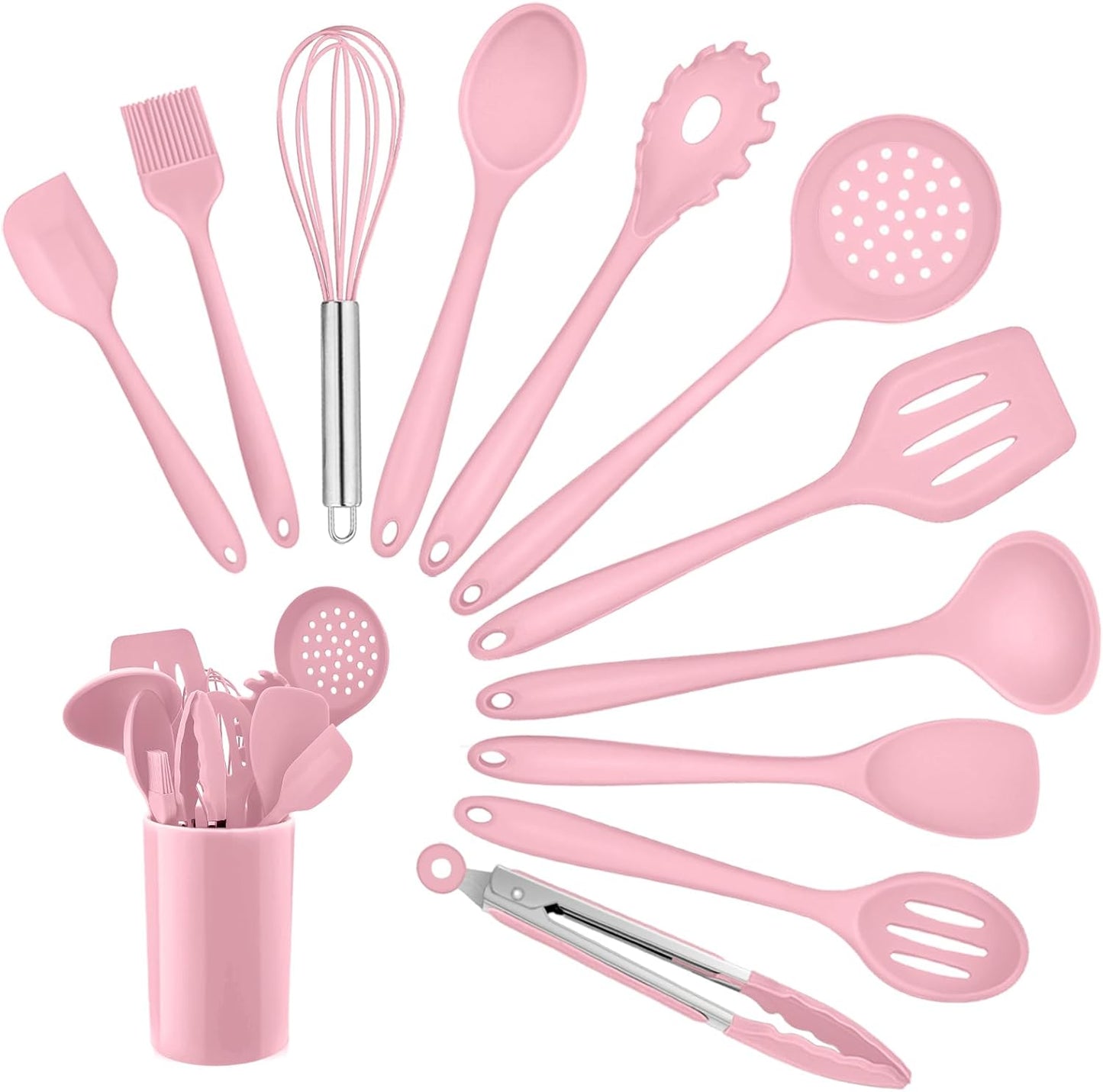 Silicone Kitchen Utensil Set,  12 Piece Cooking Utensils with Holder, Heat Resistant Kitchen Tools Spatulas Set for Cooking Baking Mixing, Safe for Non Stick Cookware - Pink
