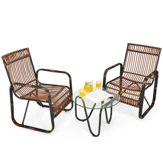 3-Piece Rattan Patio Furniture Set Featuring Two Armchairs and a Glass Coffee Table