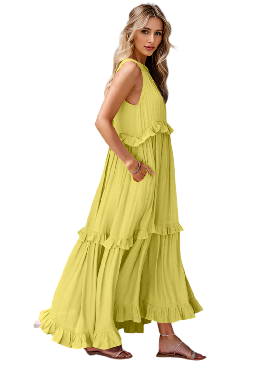 Ruffled Sleeveless Tiered Maxi Dress with Pockets