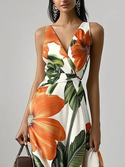 Freeacy Summer Women'S Long Dress Floral Printed V-Neck Sleeveless Evening Dresses High Waist Pleated A-Line Party Gowns