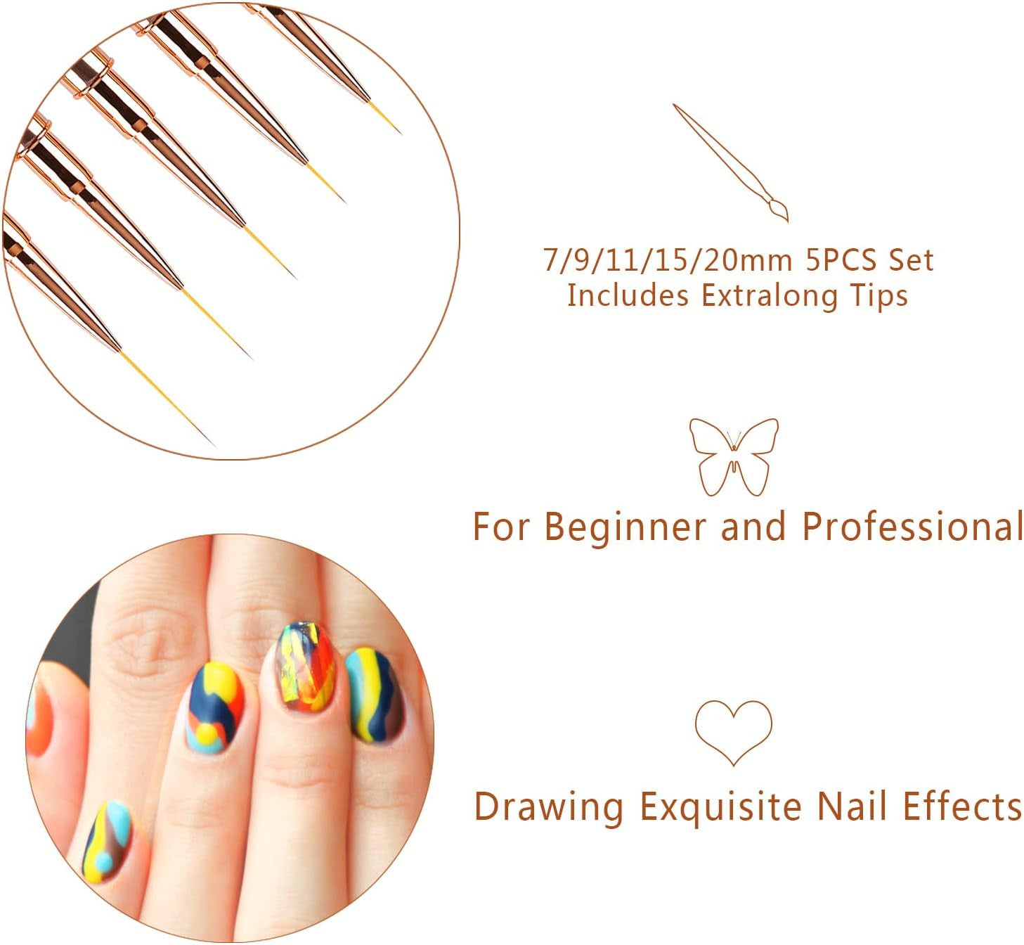 5PCS Nail Art Liner Brushes Long Set with Lid and Diamand Handle 7/9/11/15/20Mm,  Fine Detail Painting Cap Pens Kit Thin Acrylic Line Brush Tools for DIY Professional Design Rose Gold