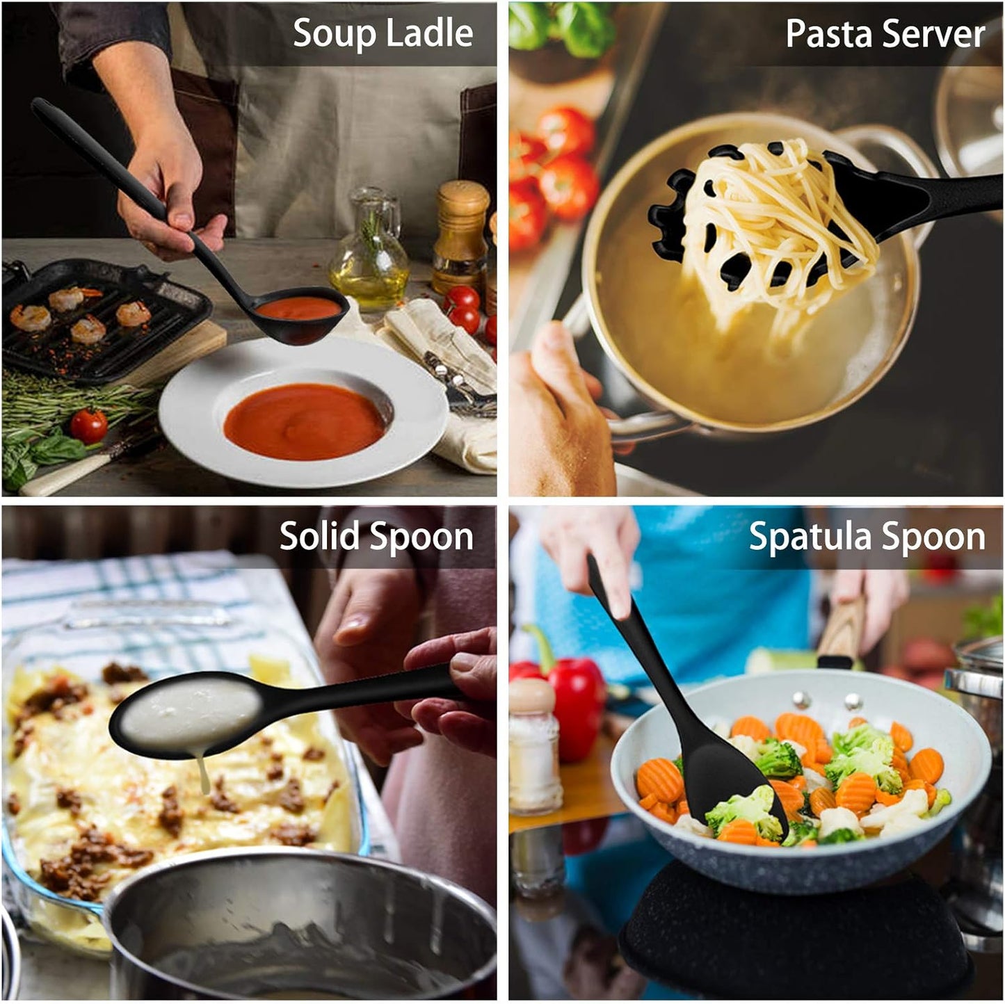Kitchen Utensil Set,  12 Piece Cooking Utensils, Silicone Kitchen Utensils Set with Holder, Heat Resistant Kitchen Tools Include Spoons Turner Spatula Ladle Tong for Non-Stick Cookware, Black