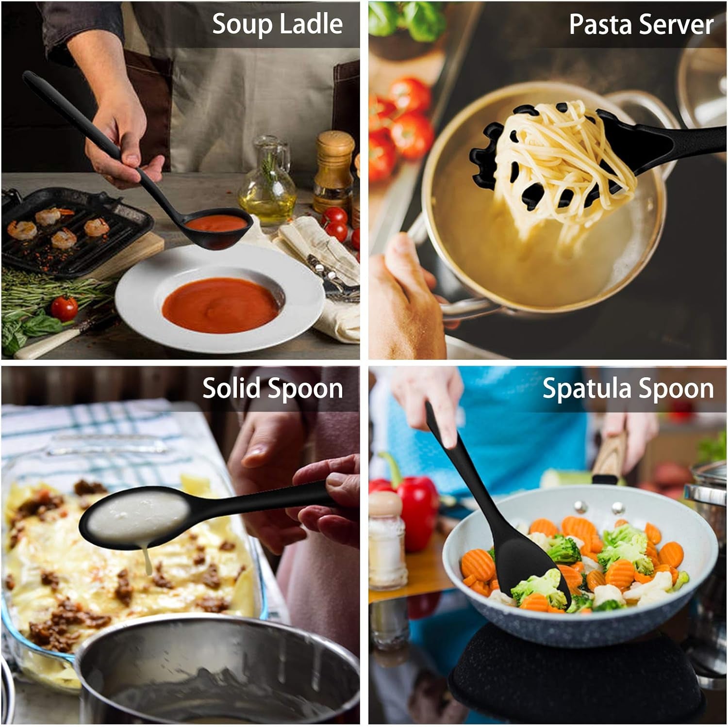 Kitchen Utensil Set,  12 Piece Cooking Utensils, Silicone Kitchen Utensils Set with Holder, Heat Resistant Kitchen Tools Include Spoons Turner Spatula Ladle Tong for Non-Stick Cookware, Black