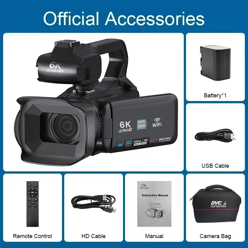 6K Professional Video Camera for Photography 18X Digital Zoom Night Vision Vlogging Camera 64MP Wifi Livestream Webcam Camcorder