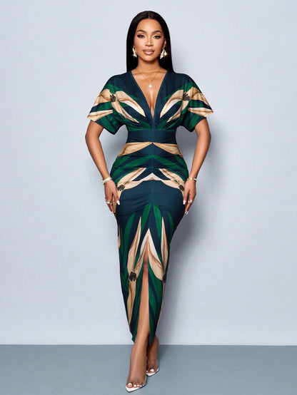 Elegant Printed V-Neck Split Thigh Bodycon Dress for Women - Perfect for Spring/Summer Events