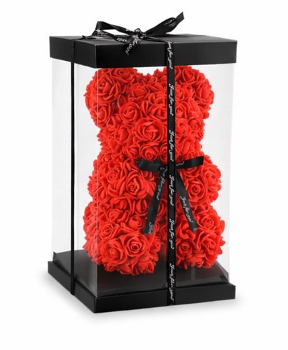 25cm Rose Bear with Transparent Gift Box & Black Ribbon, Rose Petals Teddy Bear Presents for Women, Artificial Flowers Rose Bear Valentines Gifts for Her, for Girlfriend (Red)