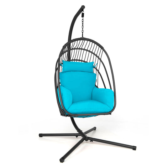 Deluxe Grey and Turquoise Swing Egg Chair with Stand - Comforting Cushions, Pillow, and Foldable Design for Indoor and Outdoor Relaxation