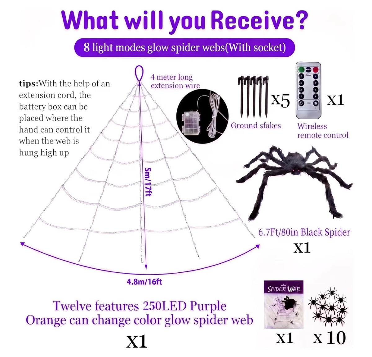 Giant Halloween Spider 6.7ft with 250 LED Lights & Large Web | Minja Superstore
