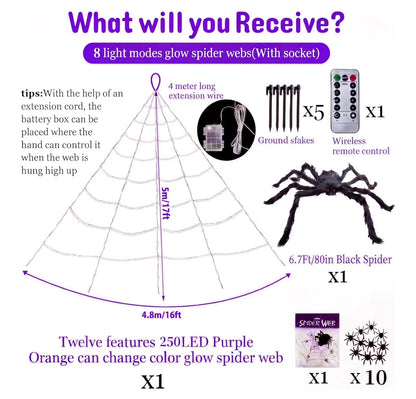 Giant Halloween Spider 6.7ft with 250 LED Lights & Large Web | Minja Superstore