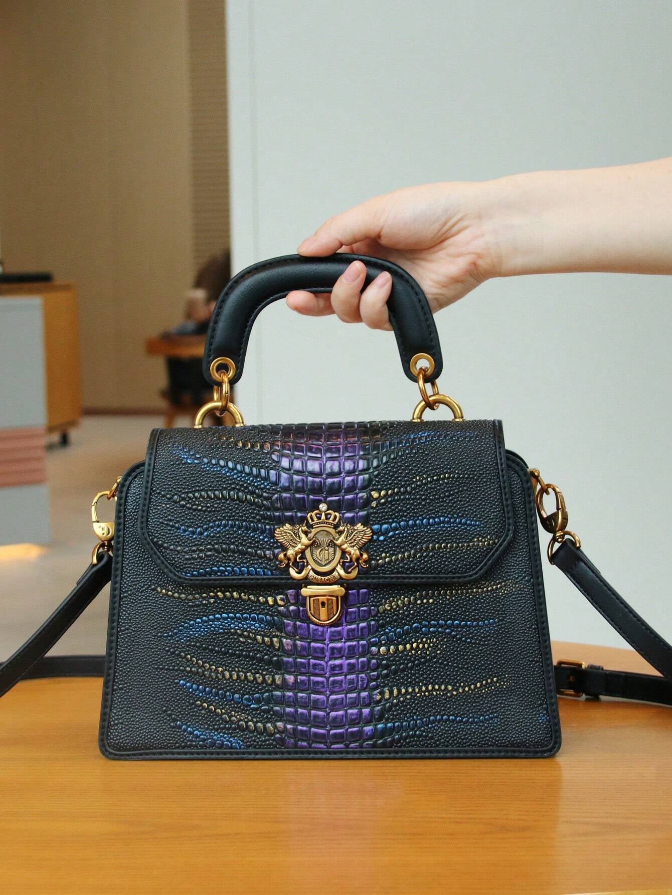 Luxury Custom 2025 New Vintage Women'S Handbag, Fashion Elaborate Luxurious Blue & Gold Snake Print Lock Ornament Tote Bag, Mature Style Shoulder & Crossbody Bag, Detachable Handle