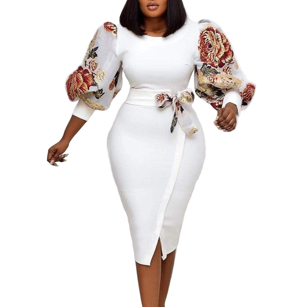 Split Three-Quarter Sleeve Mid-Calf round Neck Puff Sleeve Women'S Dress Bodycon Dress Party Dress
