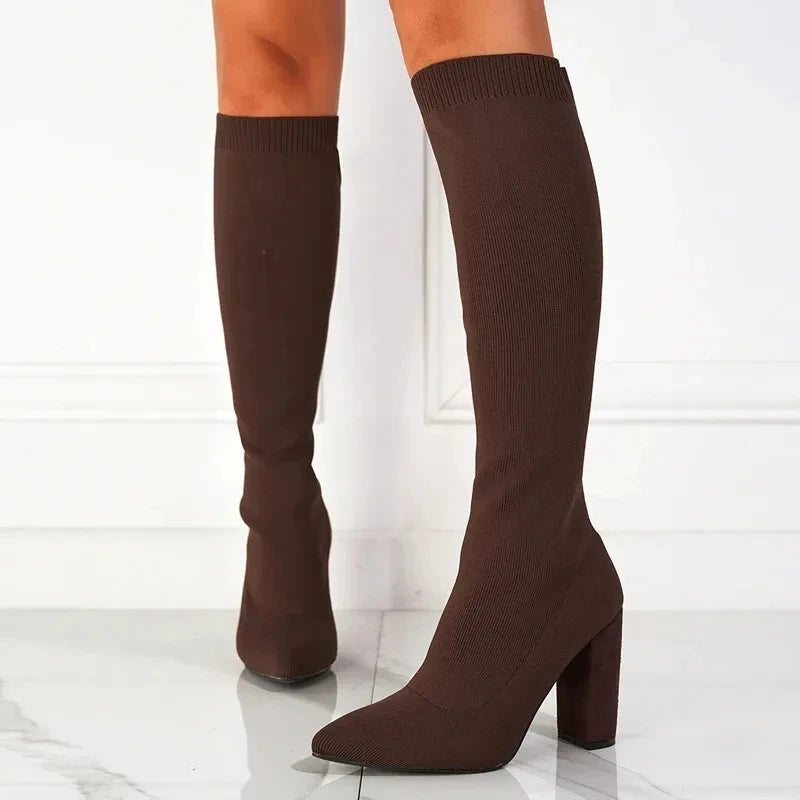 Green Women’s Cozy Knitted Knee-High Boots with Stretch Fabric and Square Heels for Autumn and Winter