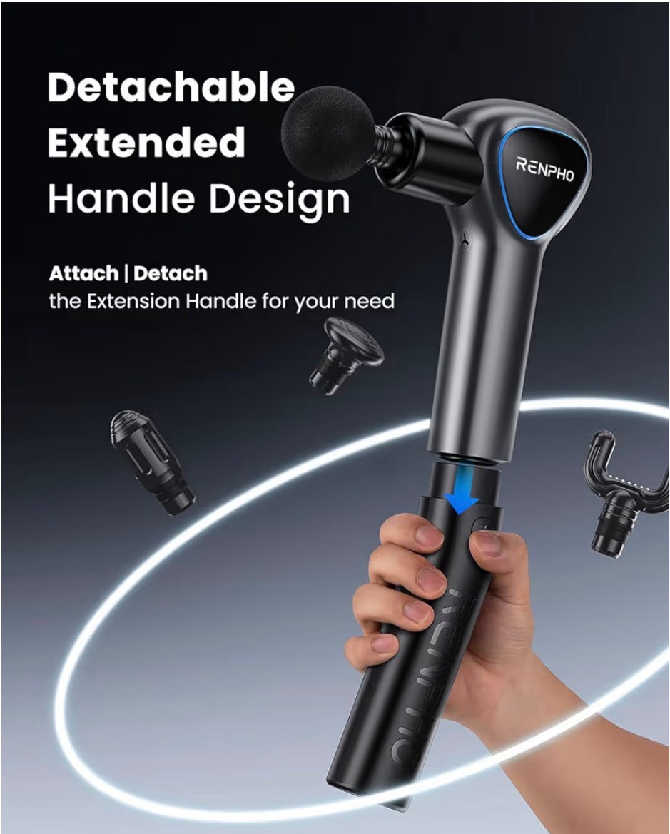 RENPHO Reach Mini Massage Gun with Extension Handle & 4 Heads