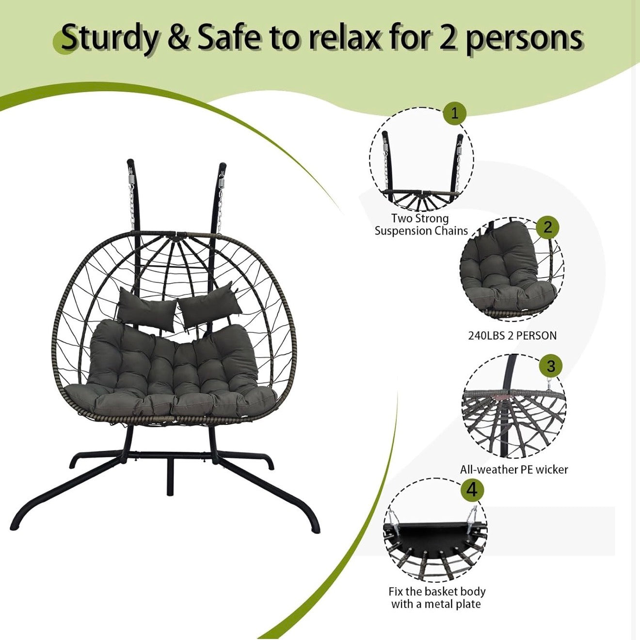BIRCHTREE Double Hanging Egg Chair with Stand PE Rattan Garden Swing Grey