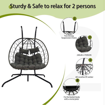 BIRCHTREE Double Hanging Egg Chair with Stand PE Rattan Garden Swing Grey