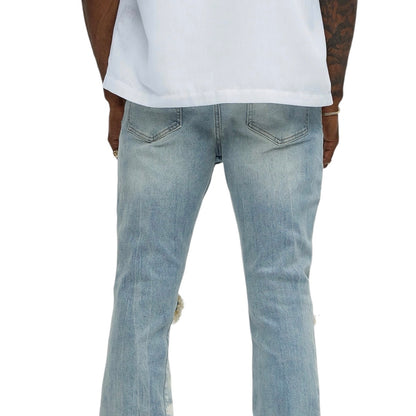 Apex Splotter Ripped Stacked Skinny Flare Jeans Light Blue Wash