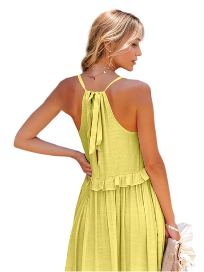 Ruffled Sleeveless Tiered Maxi Dress with Pockets