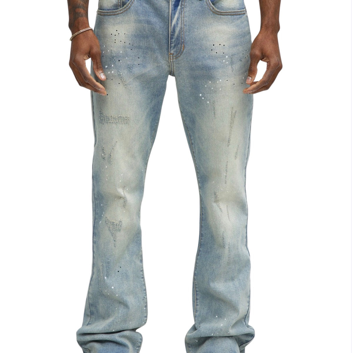 Ripped Bleach Splatter Stacked Slim Flare Jeans Light Blue Wash