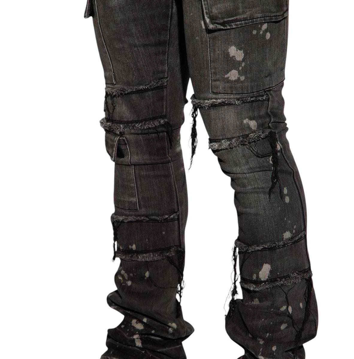 Side Snap Cargo Stacked Skinny Flare Jeans Black Wash
