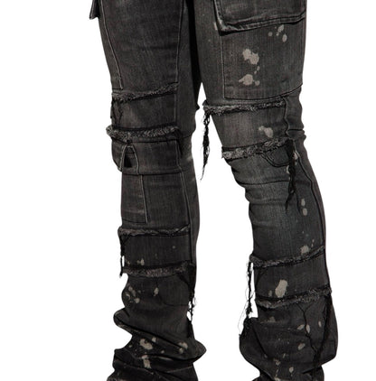 Side Snap Cargo Stacked Skinny Flare Jeans Black Wash
