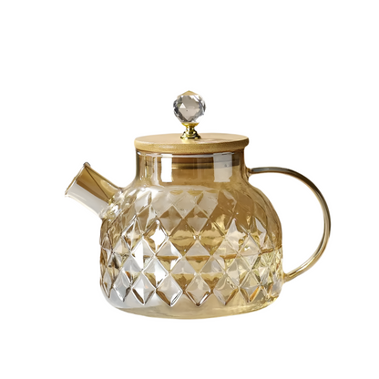 Glass Tea Kettle with Bamboo Lid, Removable Filter Spout, Champagne Teapot for Loose Leaf, Blooming Tea, and Fruit Tea (1L/1.8L).