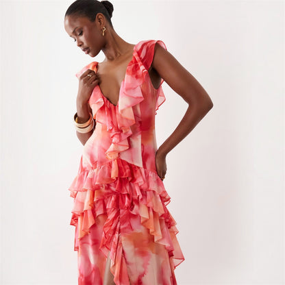 Wanderdoll Cara Plunge Neck Ruffle Tiered Maxi Dress Sunset Floral