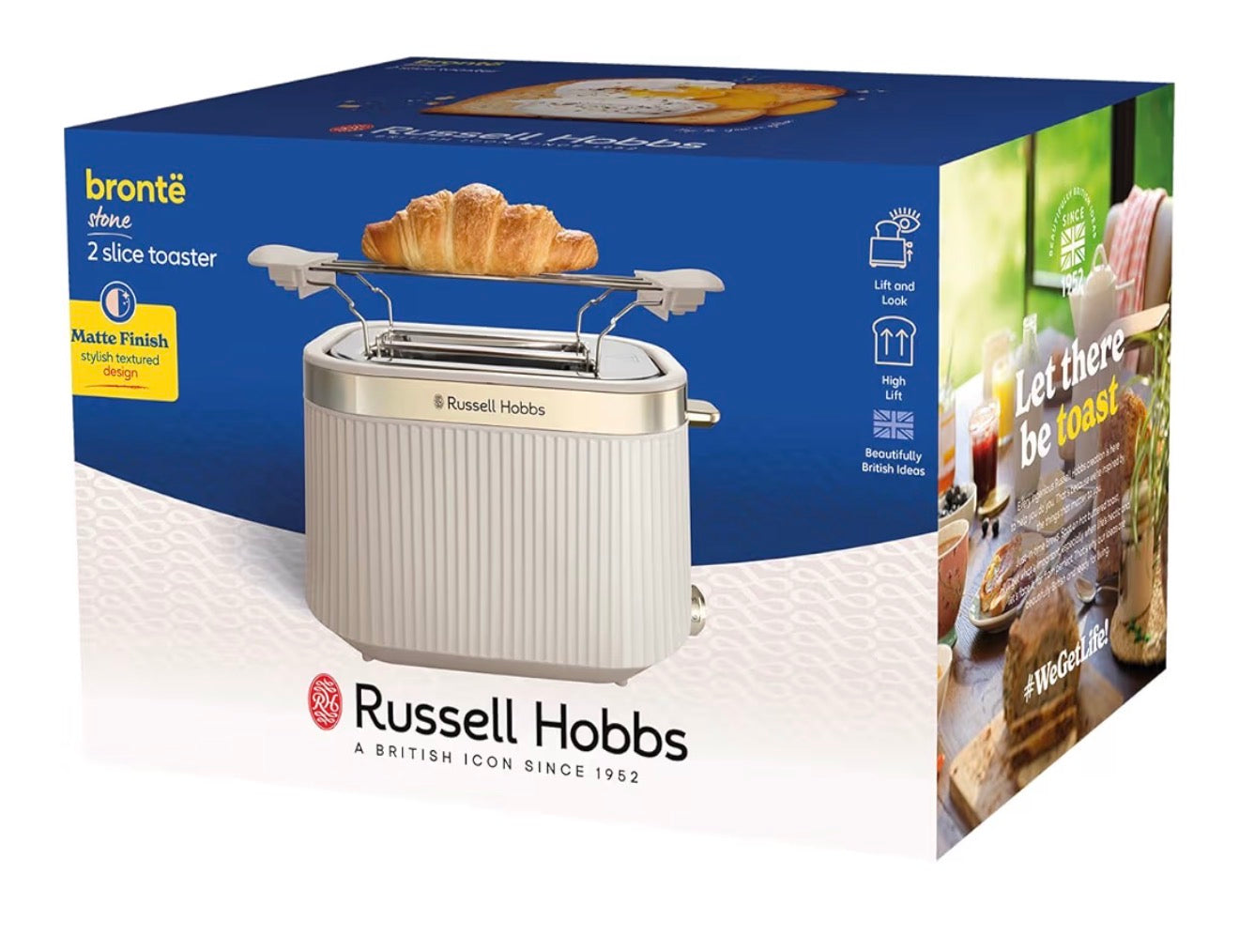 Russell Hobbs 2 Slice Toaster [980W, Frozen/Cancel/Reheat function with Indicator light] Brontë Stone (Extra wide slots, 6 Browning levels, Lift & Look function, Lift high feature) 26761