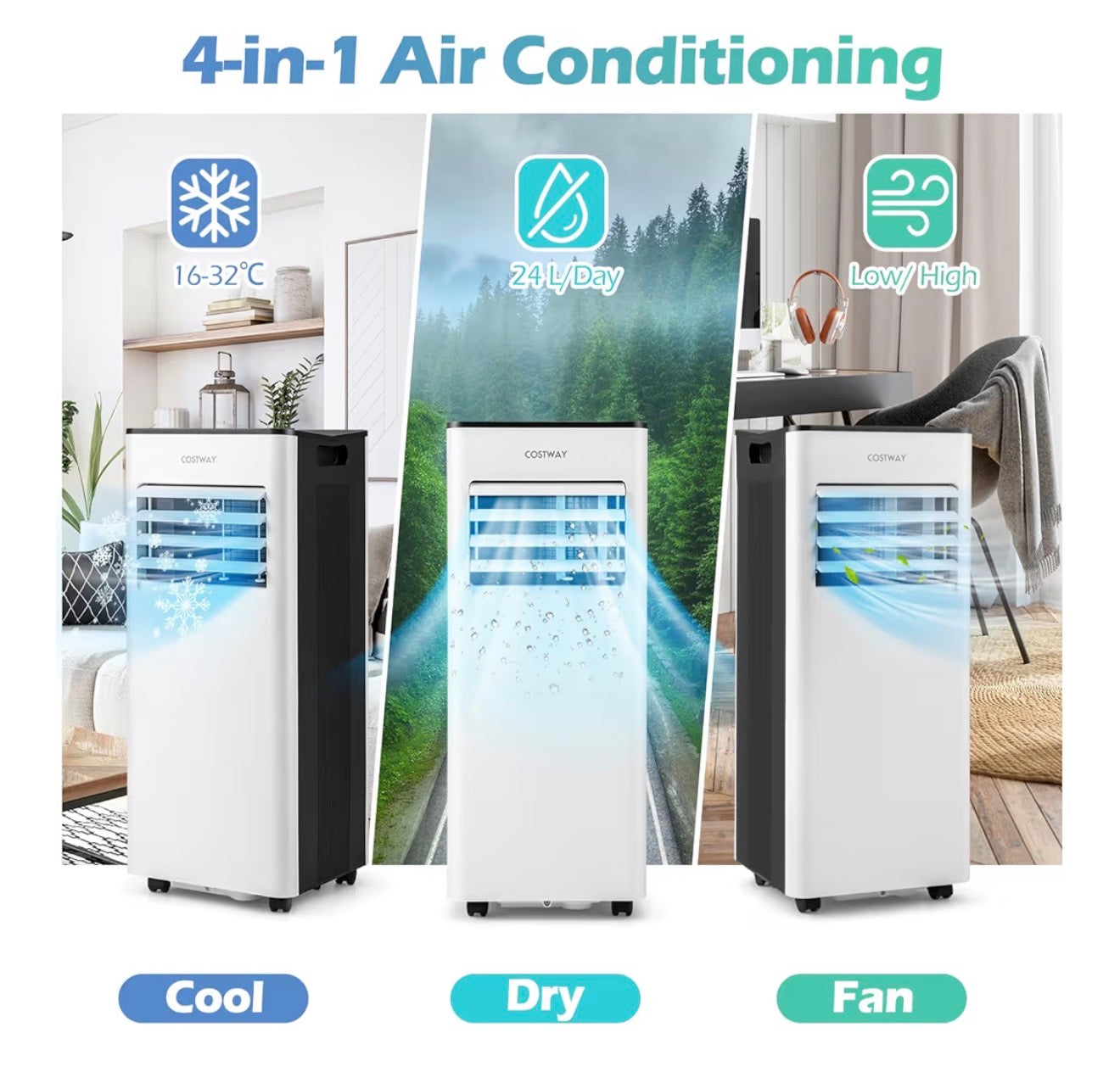 4-in-1 Portable Air Conditioner 9000 BTU, Air Conditioning Unit with 2 Speeds Fan, Dehumidifier & Sleep Mode, AC Unit with LED Display, Remote Control, 24H Timer, Child Lock & Window Kits