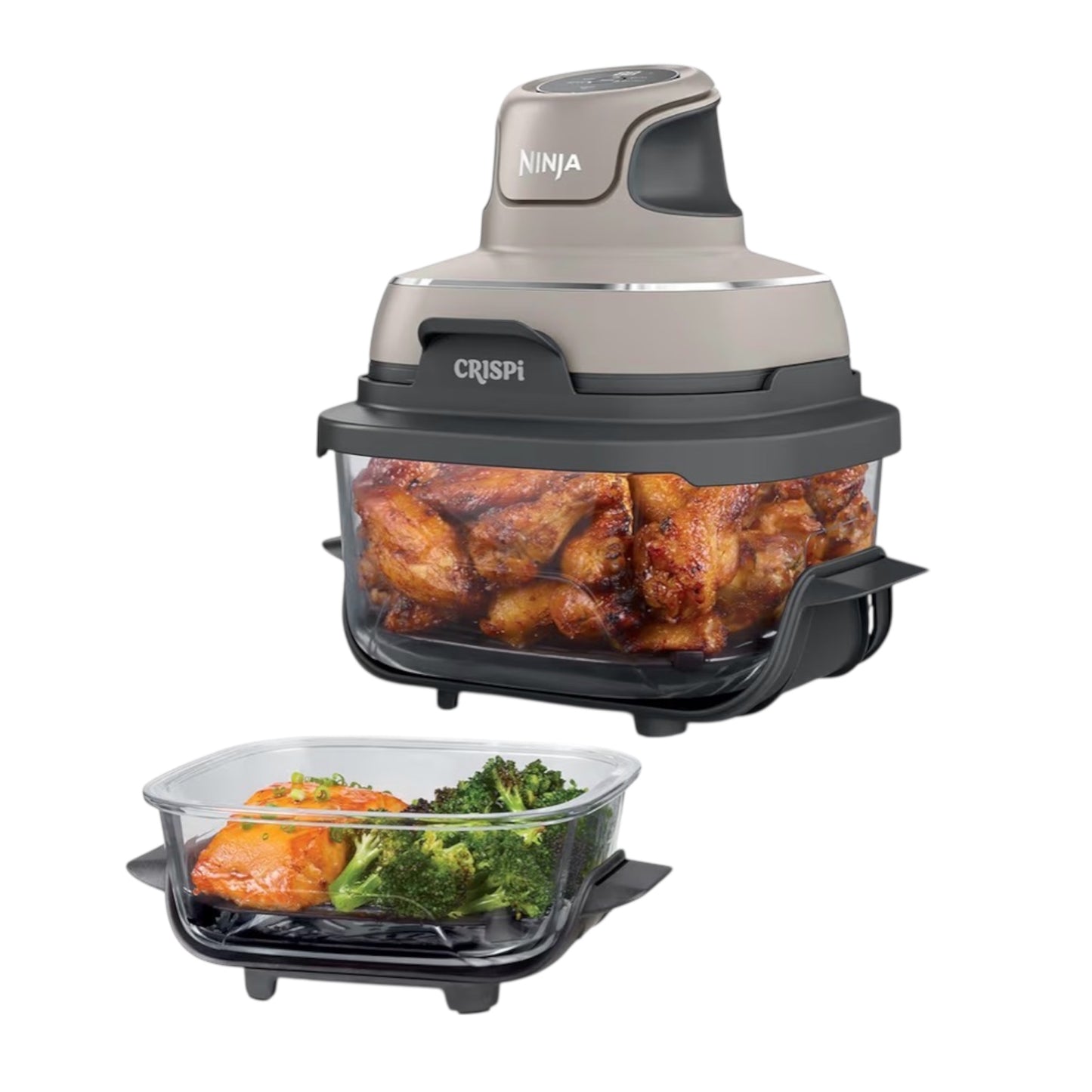CRISPi Portable Air Fryer, 3.8L, 4-in-1: Air Fry, Roast, Keep Warm, Recrisp, Space Saving Compact Design, 2x Removable Glass Containers & Lids, 1700W, Stone FN101UKST